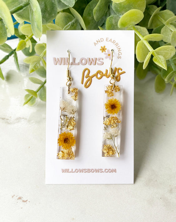Yellow floral rectangle, resin earrings