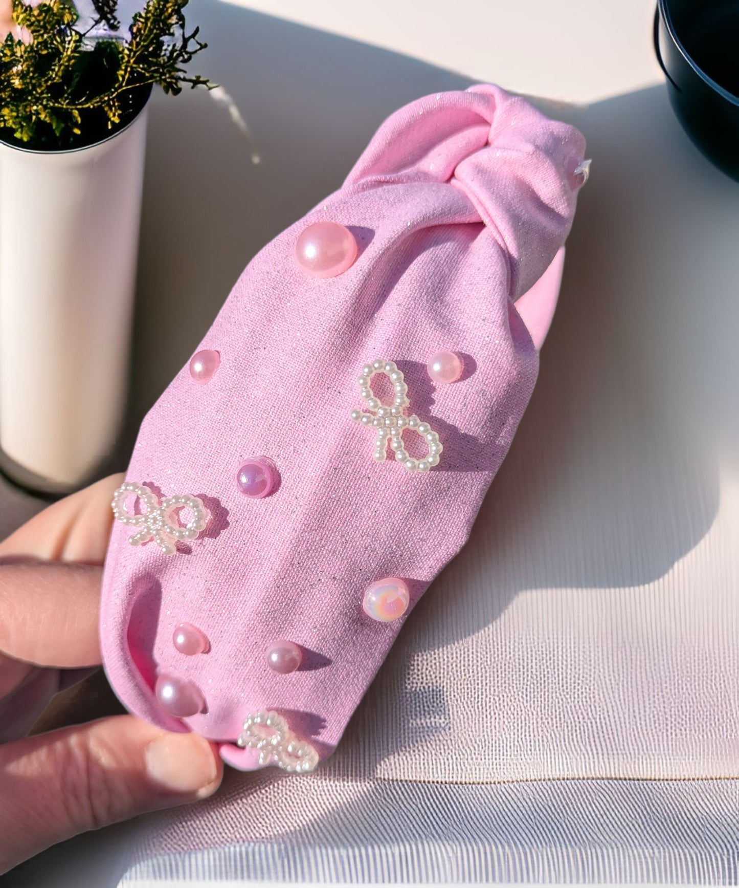Pink shimmer, knotted headband