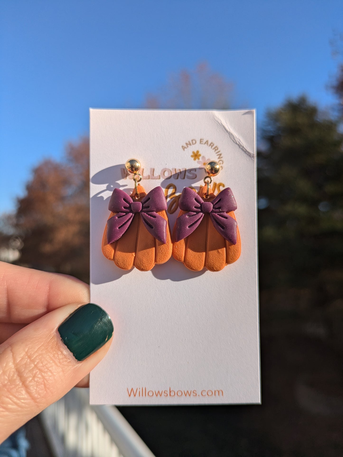 Cute bow pumpkin, clay earrings
