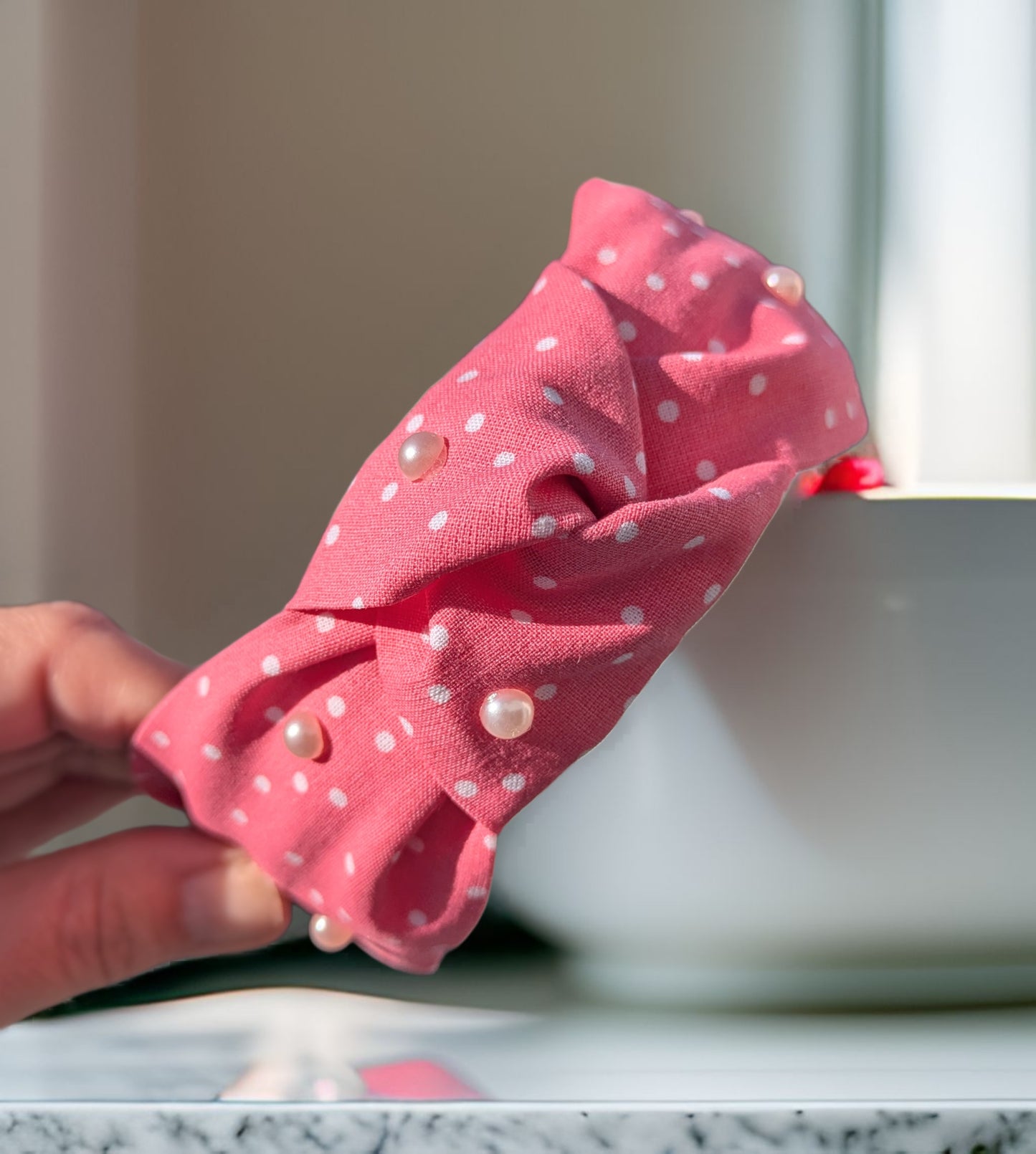 Pink polka dot, knotted headband