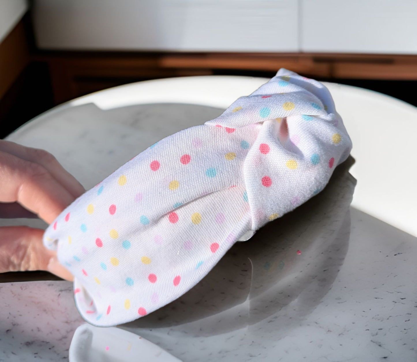 Rainbow polka dot, knotted headband