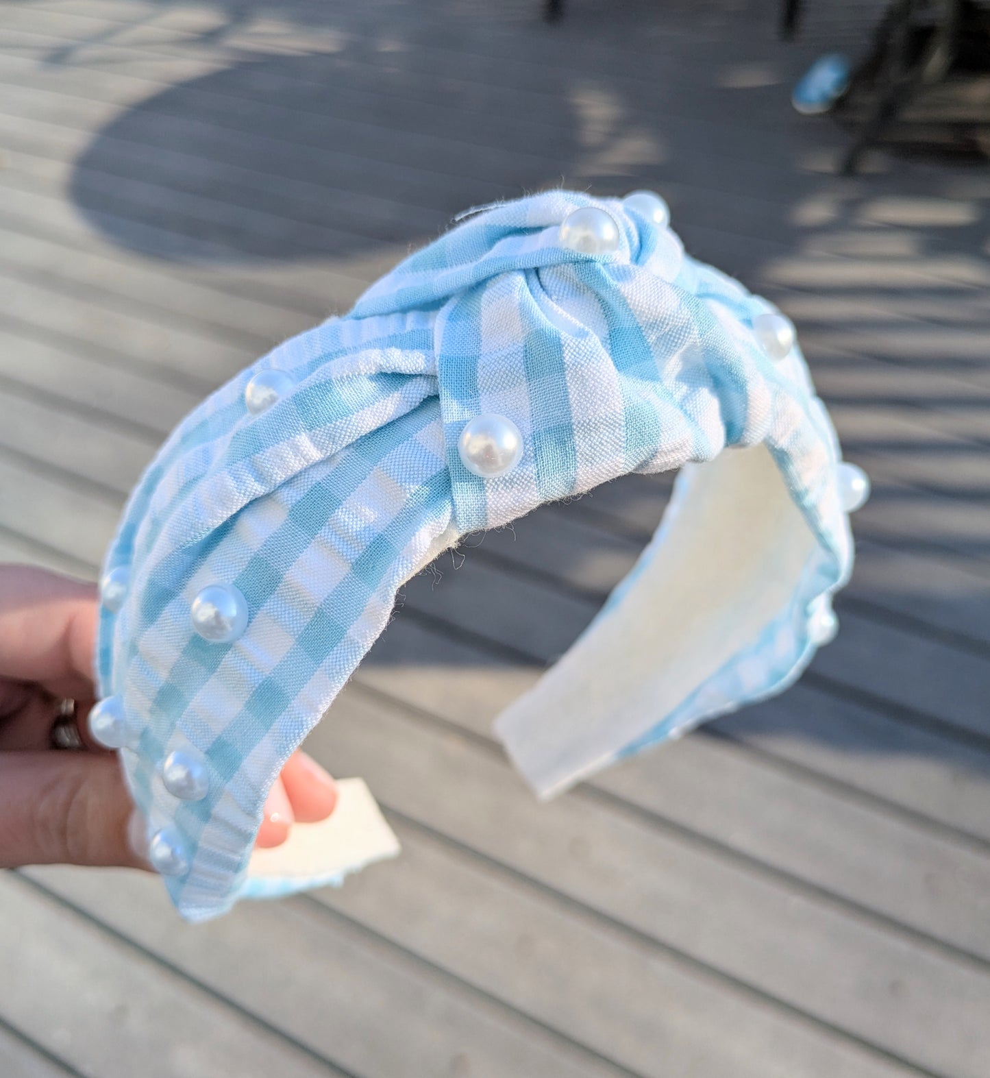 Blue gingham knotted headband