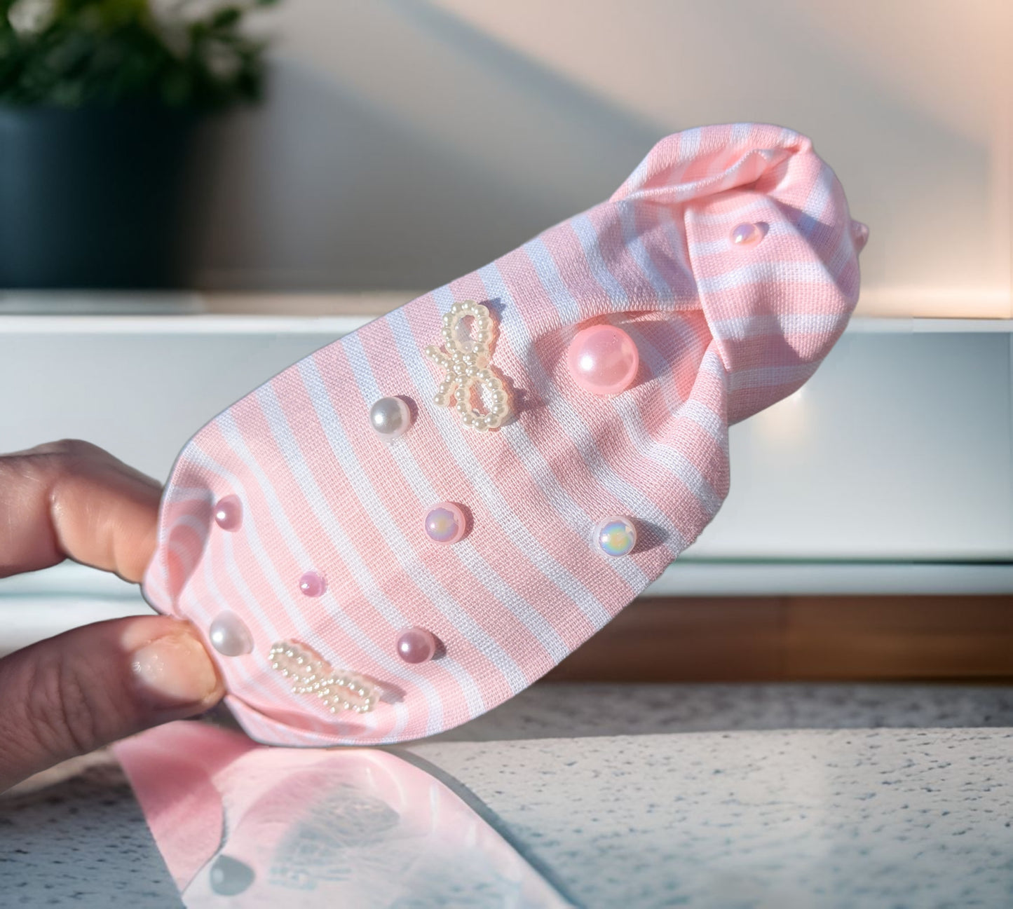 Pink pinstripes, knotted headband