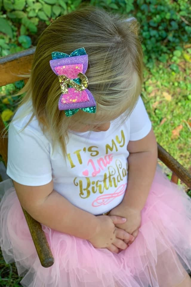 Teal, pink and purple glitter birthday bow
