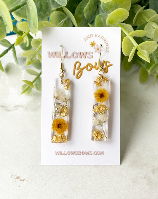 Yellow floral rectangle, resin earrings