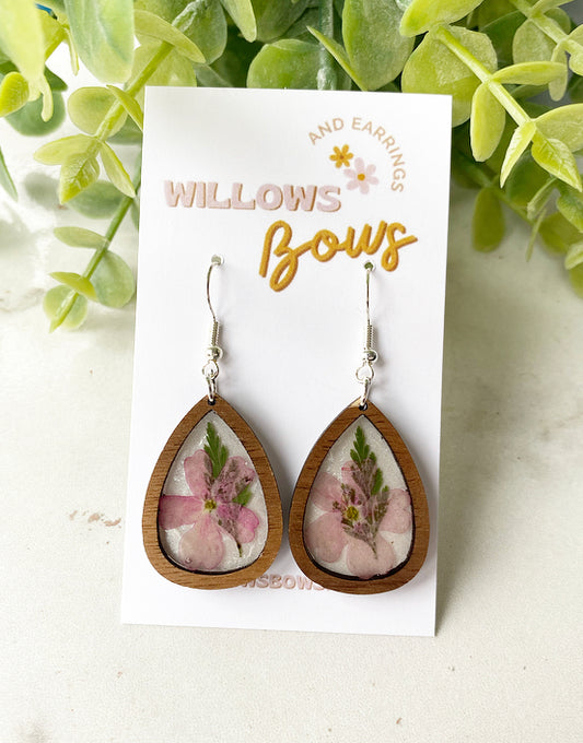 Medium Pink wooden floral, resin tear drops