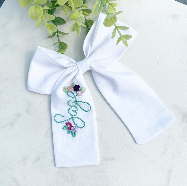Sage Lavender Embroidered name bow