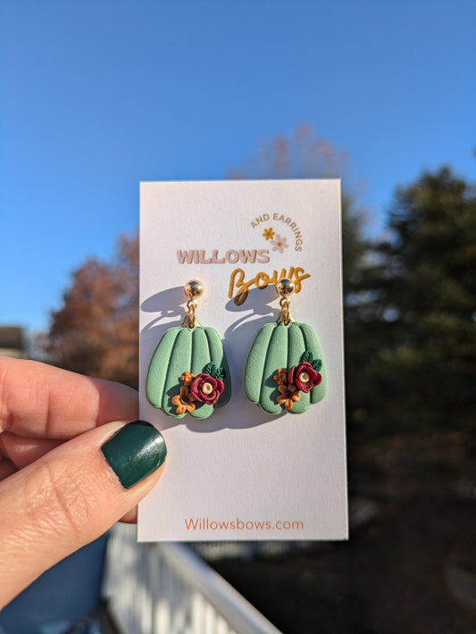 Sage green floral clay earrings