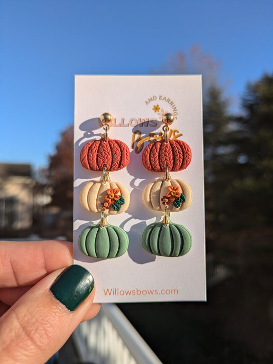 Fall floral pumpkin trio, clay earrings