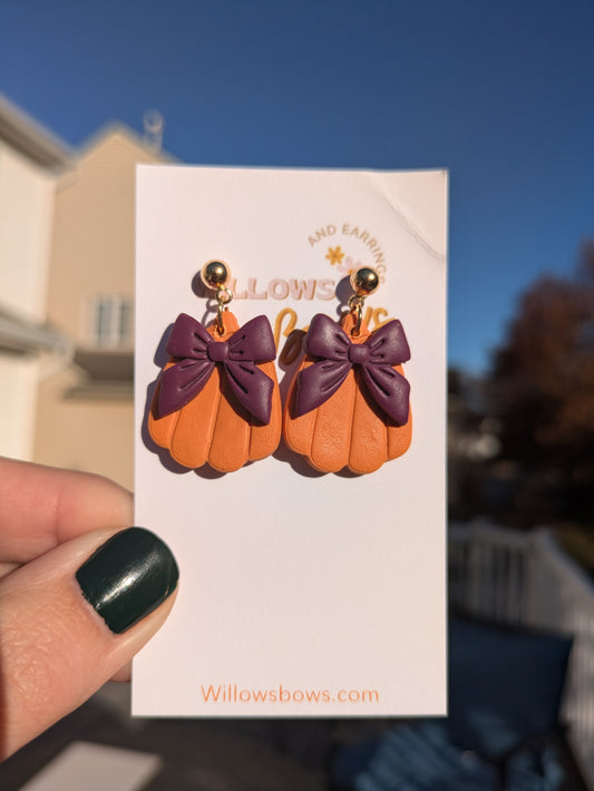 Cute bow pumpkin, clay earrings