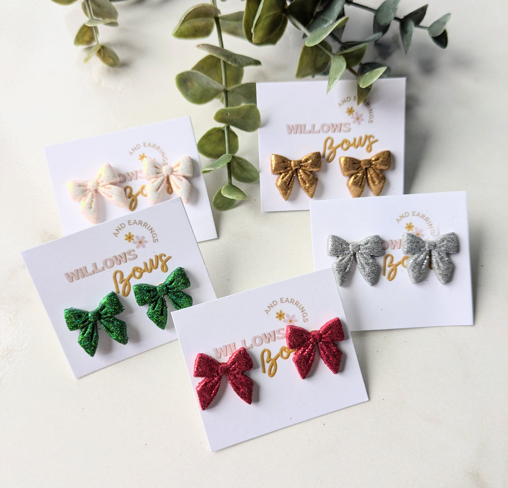 Glitter holiday bow studs