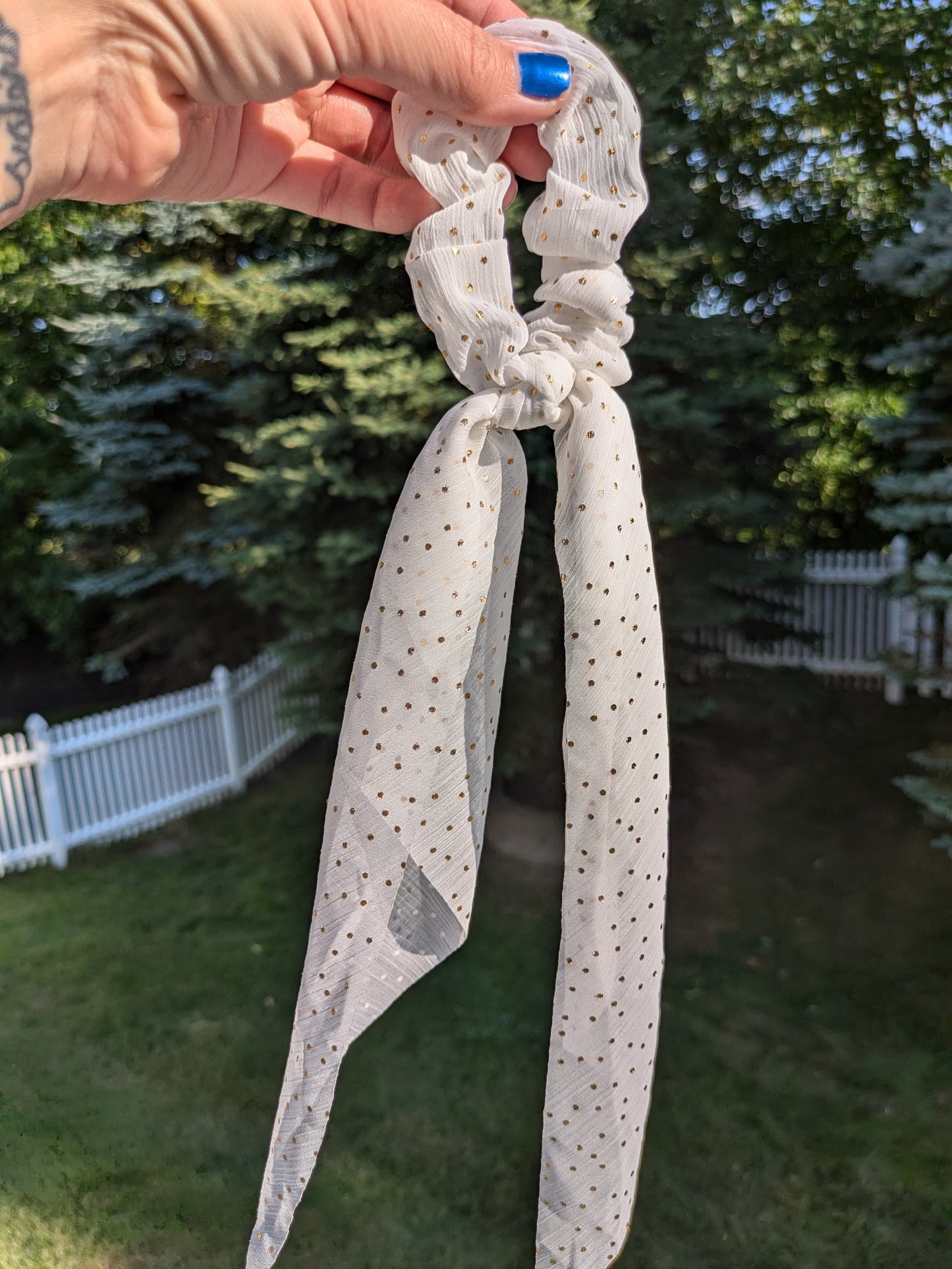 White polka dot chiffon scrunchie