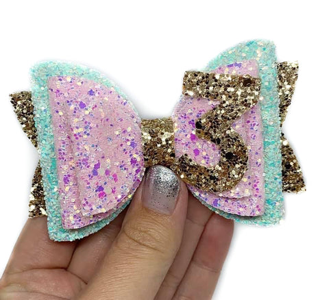 Pink, mint and golden glitter birthday bow