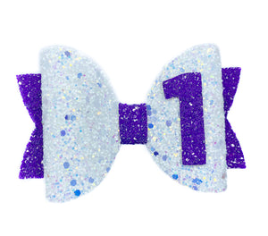White & purple glitter, birthday bow