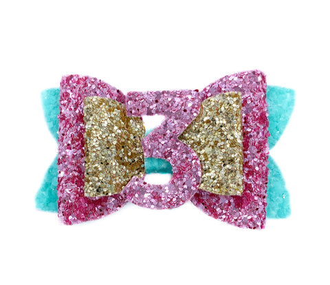 Pink, blue and gold glitter, birthday bow